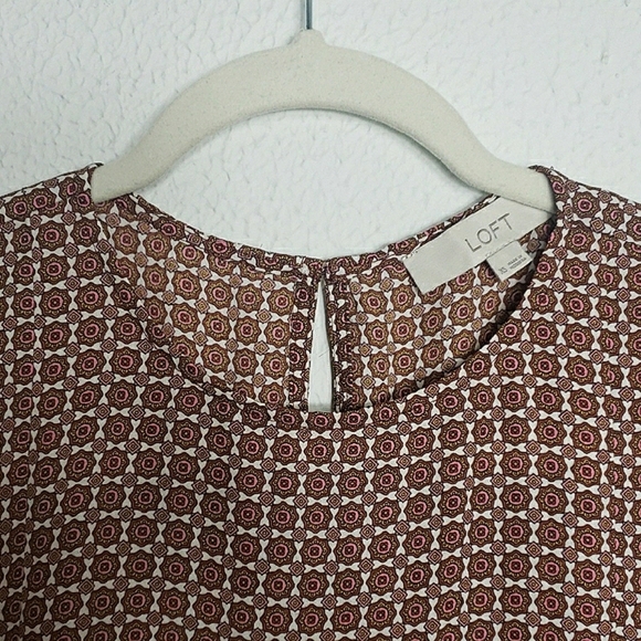 LOFT Foulard Pleated Sleeve Blouse Brown Medallion 60s 70s Hippy Retro Bohemian - Picture 5 of 12